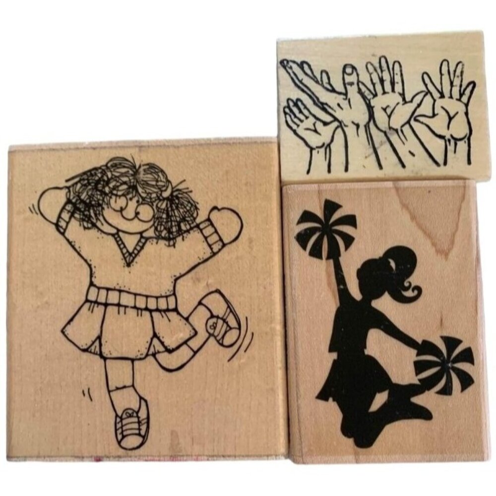 Wood Rubber Stamp Set Cheerleader Hands-Up Girl Pom-Poms Cheers Dance
